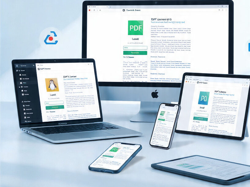 ProKitBag cross-platform PDF converter showing compatibility with Windows, macOS, Linux, Android, iPhone and iPad devices, no software installation needed