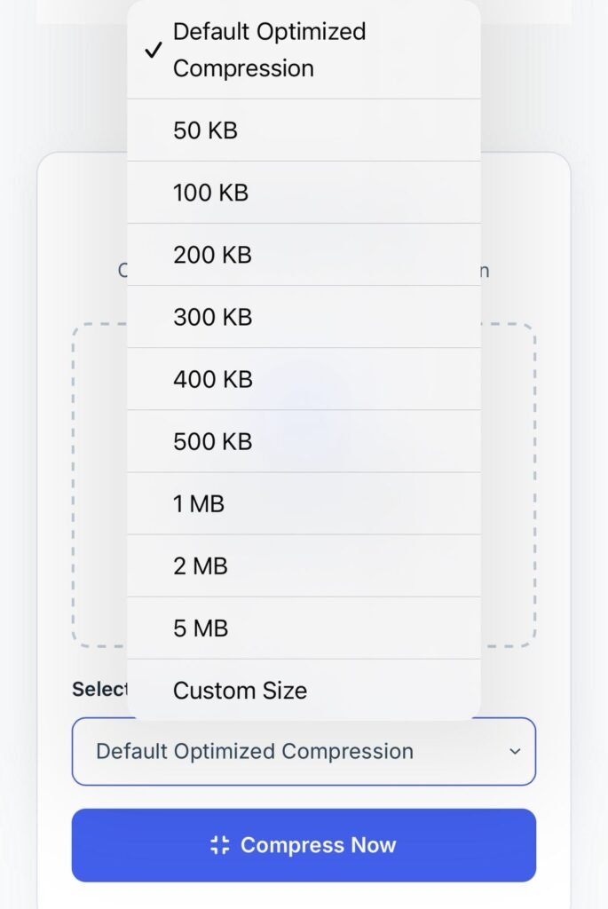 Vertical list of target file size options including 100KB, 200KB, and 300KB in a PDF compressor tool.