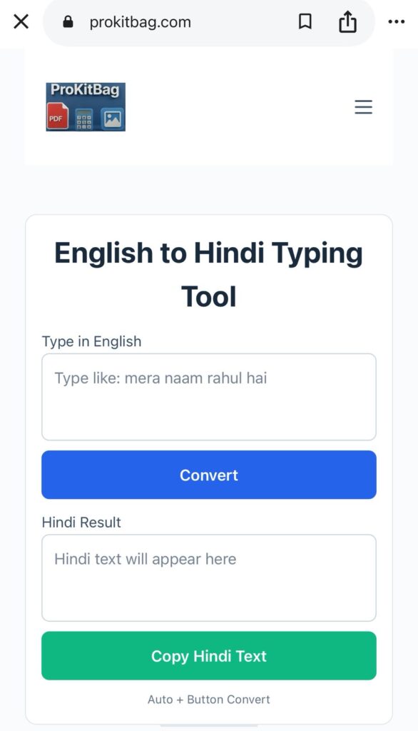 A responsive mobile screenshot of the English to Hindi transliteration tool interface. It displays the text entry field, a "Convert" button, and the resulting Hindi script.
