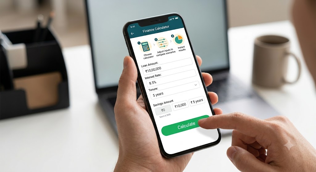 A smartphone displaying a finance calculator app with a user's finger clicking the green Calculate button.