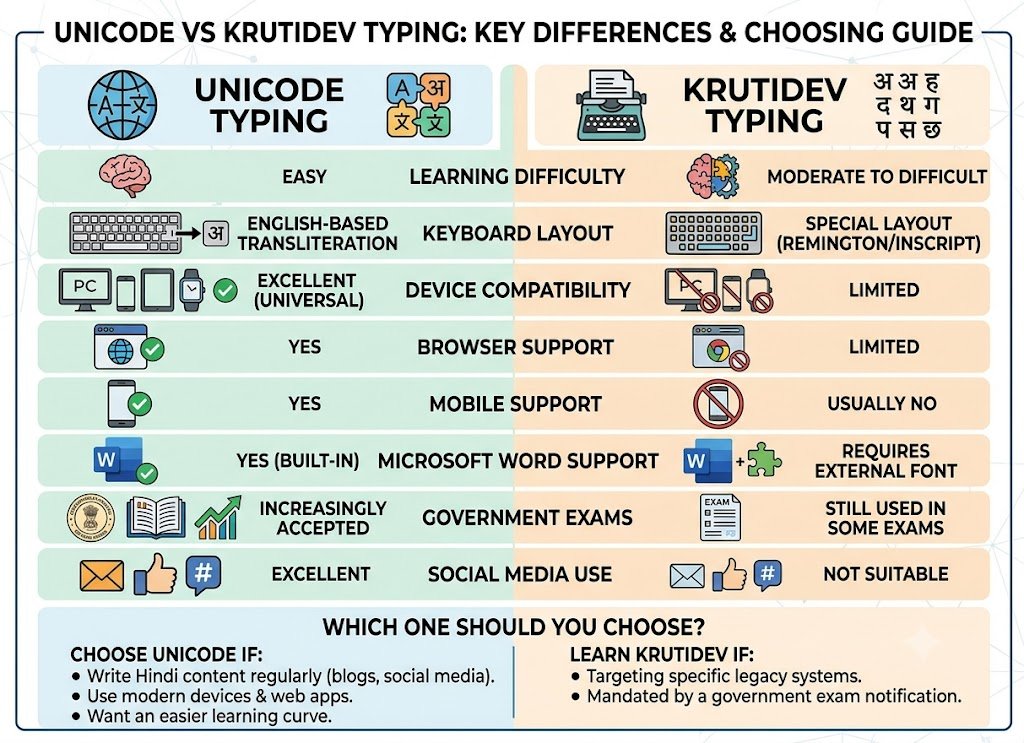 Comprehensive infographic comparing Unicode and Krutidev typing tools, highlighting key differences, device compatibility, and choice guide for government exams and content creators.