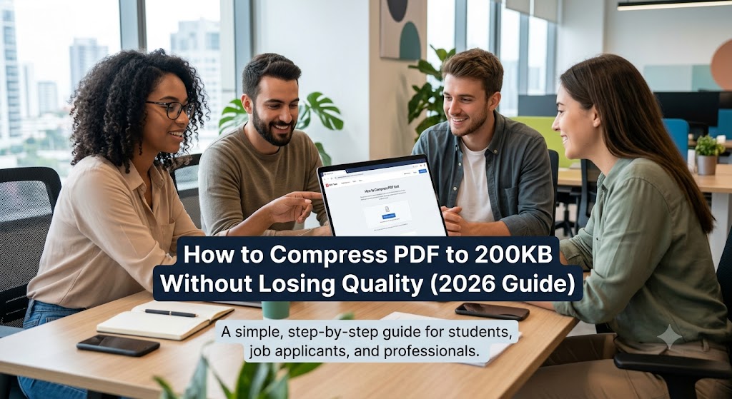 A diverse group of professionals working together at a desk, looking at a laptop showing a PDF compression tool layout.