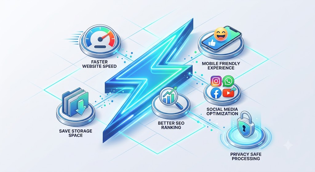 Infographic showing the 6 main benefits of using ProKitBag Image Compressor tool with tech icons on a blue lightning background.
