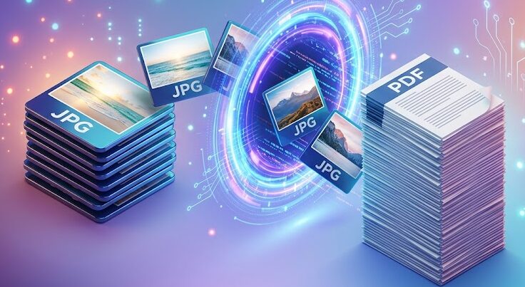 3D illustration showing multiple JPG images converting into a single PDF document through a digital portal.
