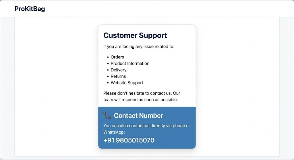 A professional web user interface card titled 'Contact Number' on a clean background. It features a modern phone handset icon and a WhatsApp brand icon side by side, followed by text inviting users to connect directly via phone or WhatsApp at +91 9805015070.