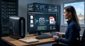 A professional woman at a workstation converting raw JPG images like invoices and contracts into a secure, standardized ISO-compliant PDF document.