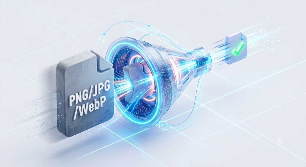 Image Compressor tool illustration showing a large PNG, JPG, and WebP file passing through a fast 3D compression funnel.