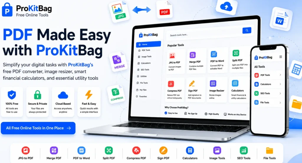 ProKitBag website hero banner showing PDF tools, calculators, image converters, and SEO productivity tools on a laptop and mobile device with a modern blue and white design.