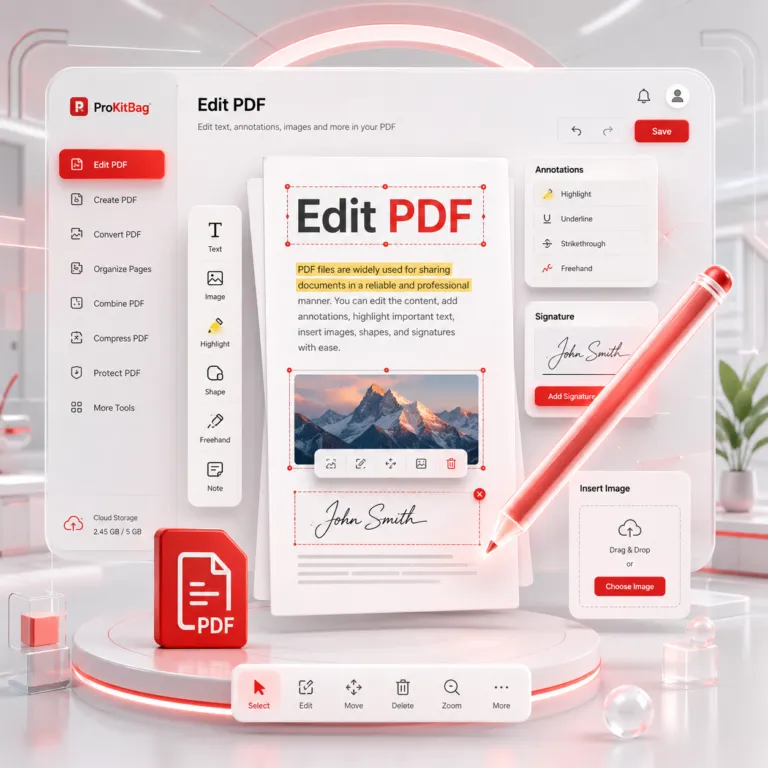 Online PDF editor tool interface on ProKitBag website