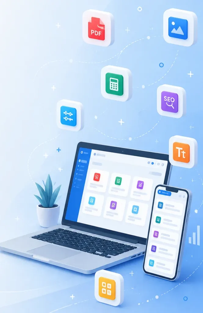 ProKitBag free online tools dashboard illustration featuring PDF tools, image converters, calculators, SEO utilities, and productivity apps.