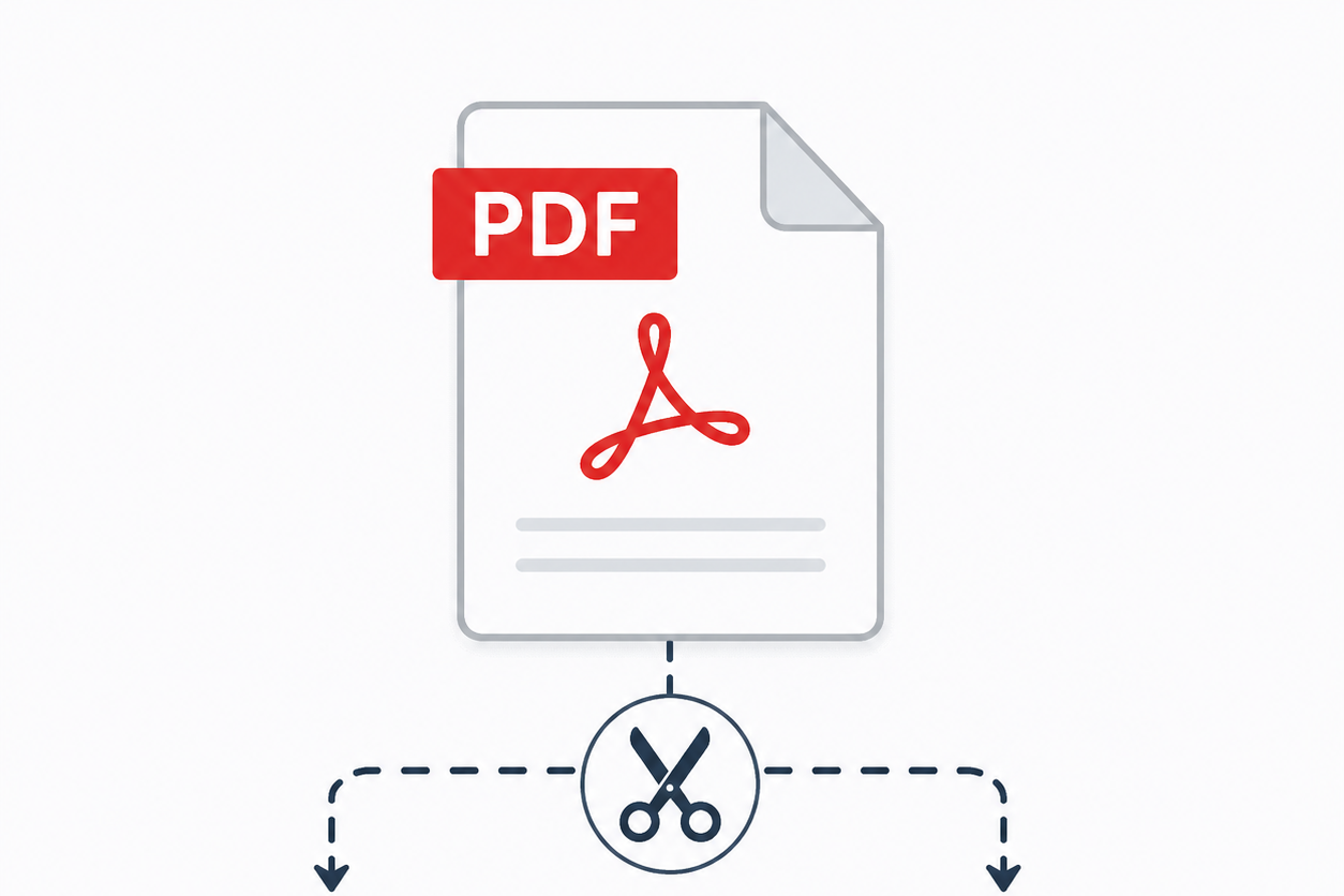 Split PDF icon showing one PDF file divided into two separate PDF documents with scissors symbol.