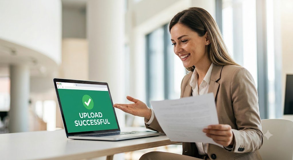 JPG to PDF 2MB Converter – Convert Images Under 2MB Free A cheerful professional woman smiling in her bright office, pointing at her laptop screen that reads 'UPLOAD SUCCESSFUL'.