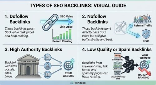 Infographic showing the types of SEO backlinks including dofollow, nofollow, high authority, and spam links.