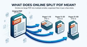 An infographic illustrating "WHAT DOES ONLINE SPLIT PDF MEAN?" It shows a large "Original PDF (50 Pages)" on the left, with blue arrows splitting it into three separate stacks of files on the right: "Pages 1–10 (File 1)", "Pages 11–20 (File 2)", and "Pages 21–50 (File 3)". The subheading reads, "Divide one large PDF into multiple smaller, organized files in just a few clicks."