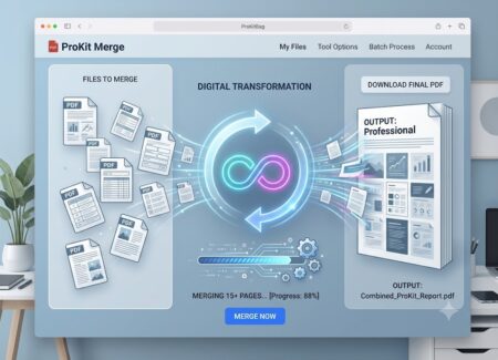 A modern web browser displaying the ProKit Merge tool interface with multiple scattered PDF files combining through a glowing neon loop into a single professional PDF document.