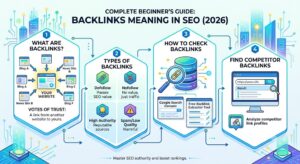 Infographic explaining backlinks meaning in SEO, types of links like dofollow and nofollow, and how to check competitor backlinks using a free extractor tool.