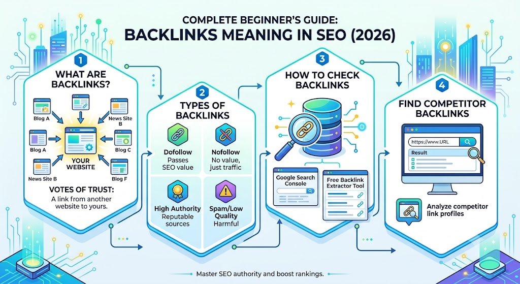 Infographic explaining backlinks meaning in SEO, types of links like dofollow and nofollow, and how to check competitor backlinks using a free extractor tool.