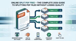 A 3D-styled infographic displaying "WHAT DOES ONLINE SPLIT PDF MEAN?" Inside a green-bordered frame, a large teal "Original PDF (50 Pages)" document is shown on the left, with three blue arrows splitting it into three separate teal document stacks on the right labeled "Pages 1–10 (File 1)", "Pages 11–20 (File 2)", and "Pages 21–50 (File 3)". The subheading reads, "Divide one large PDF into multiple smaller, organized files in just a few clicks."