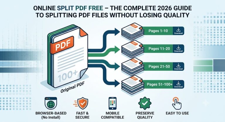 A 3D-styled infographic displaying "WHAT DOES ONLINE SPLIT PDF MEAN?" Inside a green-bordered frame, a large teal "Original PDF (50 Pages)" document is shown on the left, with three blue arrows splitting it into three separate teal document stacks on the right labeled "Pages 1–10 (File 1)", "Pages 11–20 (File 2)", and "Pages 21–50 (File 3)". The subheading reads, "Divide one large PDF into multiple smaller, organized files in just a few clicks."