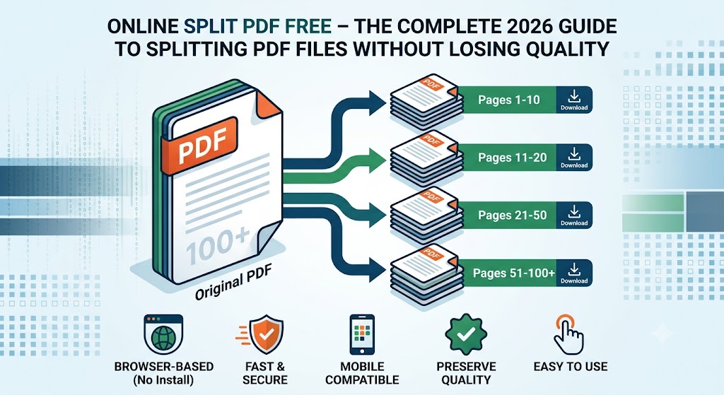 A 3D-styled infographic displaying "WHAT DOES ONLINE SPLIT PDF MEAN?" Inside a green-bordered frame, a large teal "Original PDF (50 Pages)" document is shown on the left, with three blue arrows splitting it into three separate teal document stacks on the right labeled "Pages 1–10 (File 1)", "Pages 11–20 (File 2)", and "Pages 21–50 (File 3)". The subheading reads, "Divide one large PDF into multiple smaller, organized files in just a few clicks."