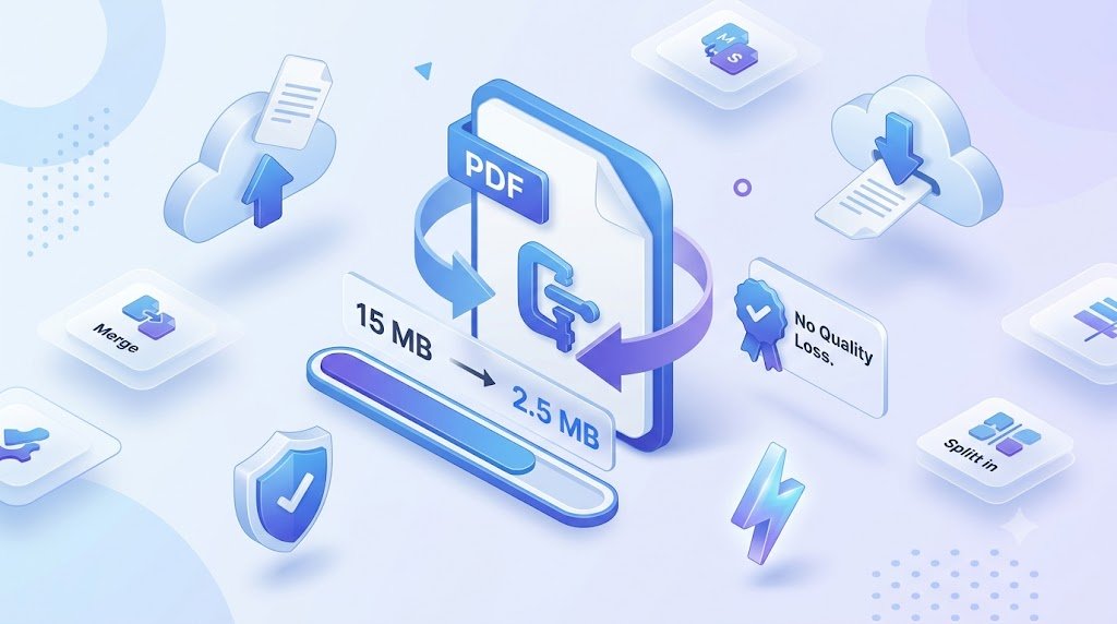 optimize pdf- Modern 3D isometric illustration of an online "Optimize PDF" tool featuring a large PDF file, a compression clamp icon, circular arrows, and a progress bar showing a file size reduction from 15 MB to 2.5 MB with a "No Quality Loss" badge.