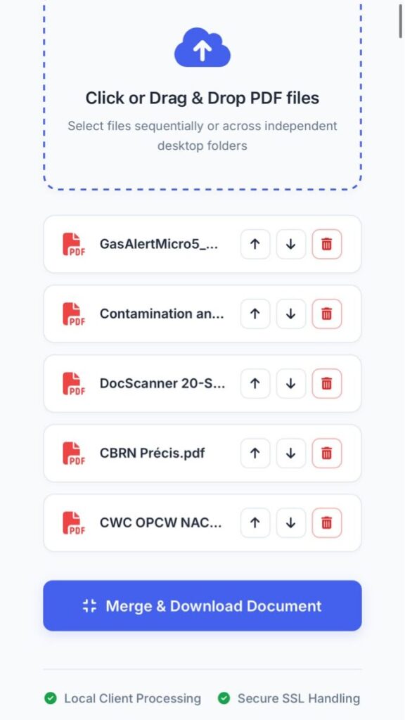 An infographic showing the simple step-by-step process of uploading, arranging, and combining multiple PDF documents into one single file securely online using ProKitBag.