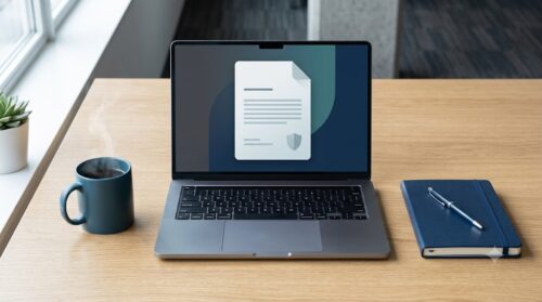 A minimalist modern workspace featuring an open laptop displaying a digital disclaimer document with a shield icon on a wooden desk next to a coffee mug.