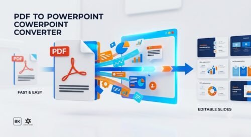 PDF to Powerpoint A 3D illustration showing a PDF document converting into editable PowerPoint slides with charts and presentation layouts.