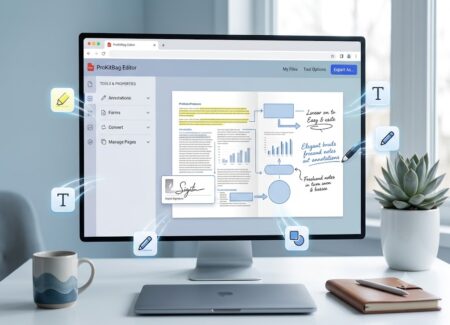 A desktop monitor displaying the ProKitBag Editor interface with an open document showing text highlights, a signature box, shapes, and freehand annotations.