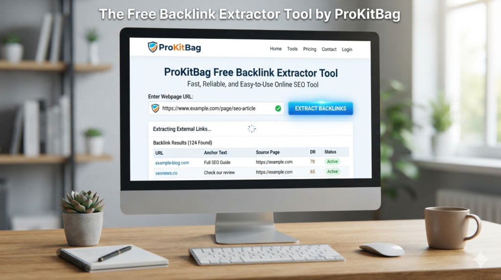 A desktop computer screen displaying the ProKitBag Free Backlink Extractor Tool interface with a URL entered and an extraction results table showing anchor text and source pages on a wooden office desk.