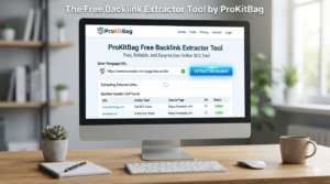 A desktop computer screen displaying the ProKitBag Free Backlink Extractor Tool interface with a URL entered and an extraction results table showing anchor text and source pages on a wooden office desk.