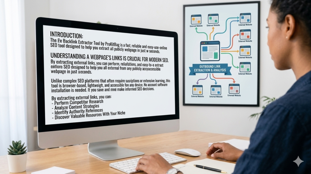 A high-resolution laptop screen displaying the modern web application dashboard of the ProKitBag Free Backlink Extractor Tool, including an analysis box and data tables, organized neatly on a wooden desk.