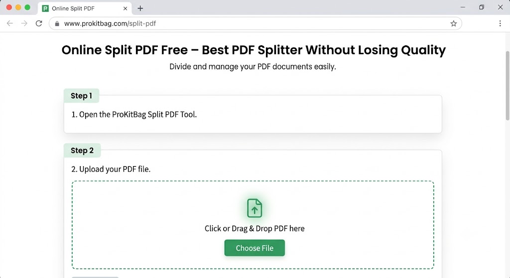 Online Split PDF tool webpage interface showing Step 1: Open the ProKitBag Split PDF Tool and Step 2: Upload your PDF file with a drag and drop file upload section.