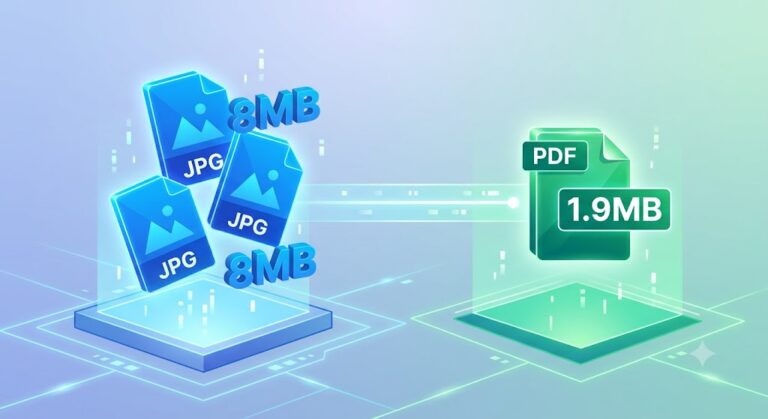 A digital diagram showing three glowing blue 8MB JPG icons merging and shrinking into one polished green 1.9MB PDF icon via a light beam.