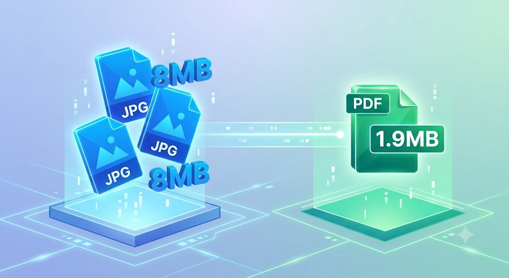 JPG to PDF 2MB Converter – Convert Images Under 2MB Free A digital diagram showing three glowing blue 8MB JPG icons merging and shrinking into one polished green 1.9MB PDF icon via a light beam.