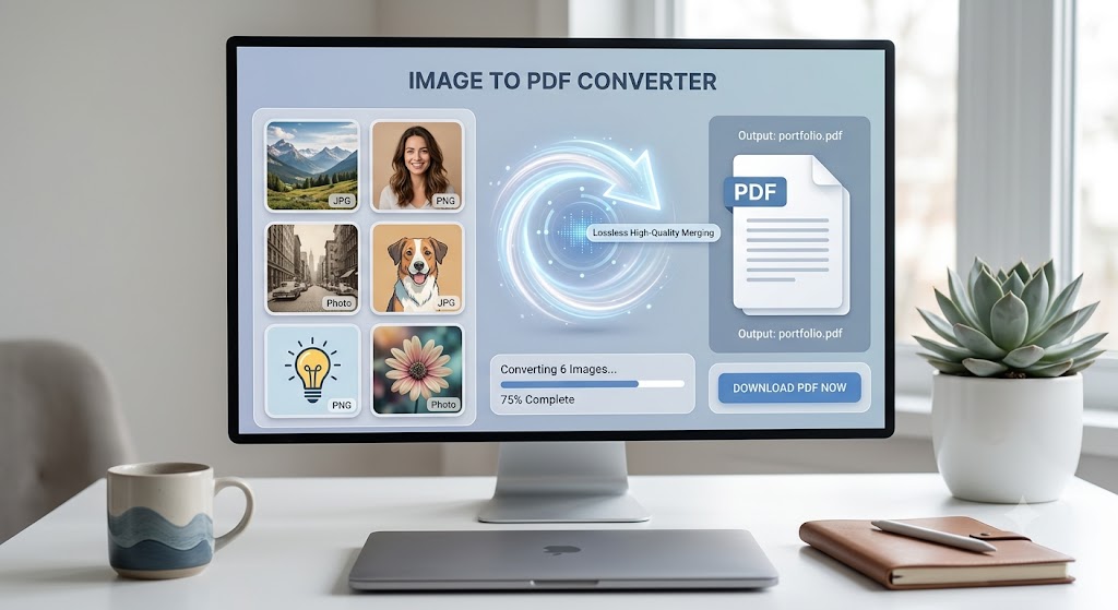 A modern desktop monitor displaying the ProKitBag Image to PDF Converter tool interface with a grid of JPG and PNG images converting into a portfolio PDF.