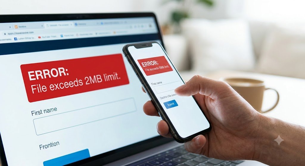 JPG to PDF 2MB Converter – Convert Images Under 2MB Free User holding a phone mid-swipe with a 'File exceeds 2MB limit' red error message on the screen, showing the immediate pain point.