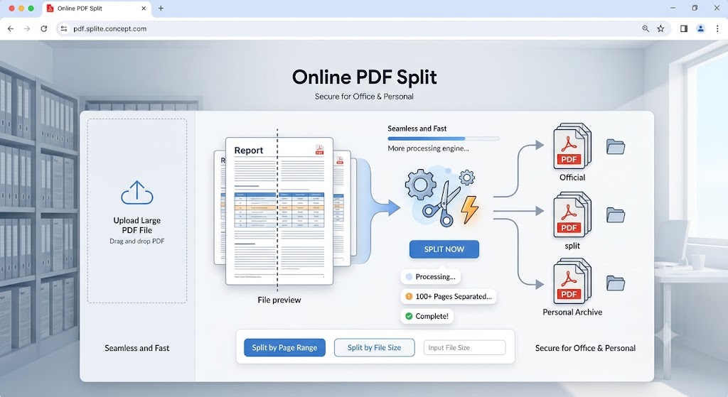 A web-based online PDF split tool interface showing a large document being separated into official and personal archive files.