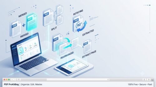 Organize PDF Organize pdf-A modern 3D isometric workspace illustration showing how to organize PDF files online with tools to merge, split, rotate, rearrange, and extract pages, featuring a sleek laptop and tablet showing a digital dashboard.