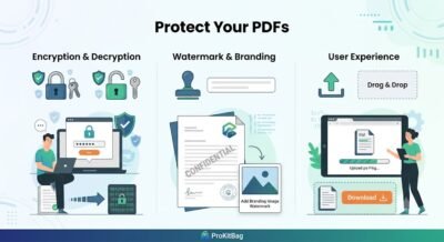 PDF Security tool showing encryption decryption and watermark features