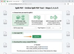 Online Split PDF tool webpage interface showing Step 3: Choose how you want to split it (options for Split by page range, Extract selected pages, and Split every page into a new PDF), Step 4: Click Split PDF button, and Step 5: Download the newly created PDF files.