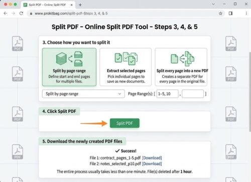 Online Split PDF tool webpage interface showing Step 3: Choose how you want to split it (options for Split by page range, Extract selected pages, and Split every page into a new PDF), Step 4: Click Split PDF button, and Step 5: Download the newly created PDF files.