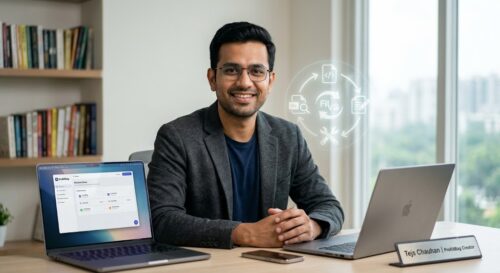Tejs Chauhan, the creator of ProKitBag, working on a laptop for the About Us page.