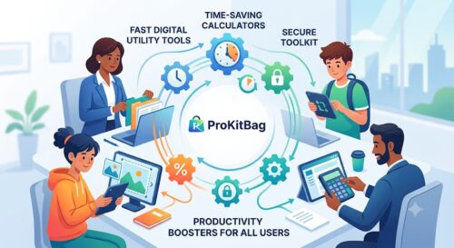 An infographic illustrating ProKitBag's mission to save time and boost productivity for students and professionals using fast, secure online tools.