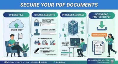 Infographic guide to secure your PDF documents including drag and drop upload watermark permissions and redact text features