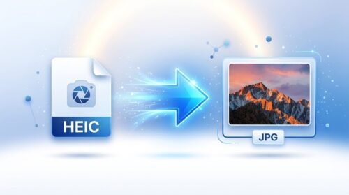 Modern 3D vector illustration showing Apple HEIC image file converting into a JPG image with a glowing blue arrow