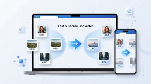 Illustration explaining the online conversion of Apple HEIC images to JPG, with files moving from HEIC to JPG via a central arrow on a laptop and phone, with a fast, secure, and modern design.